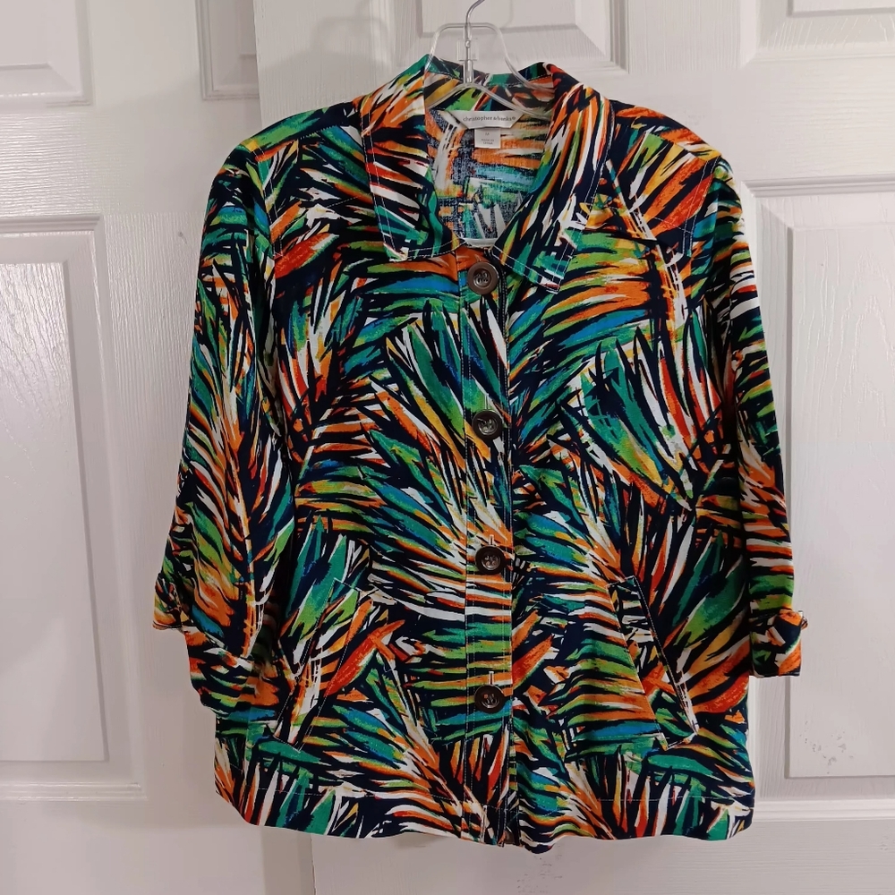 Christopher & Banks Blouse Leaves Linen Blend Colorful Grandmacore